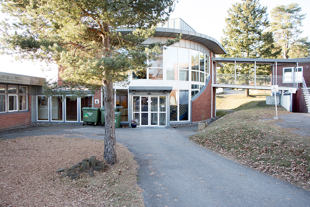 A building with a tree in front