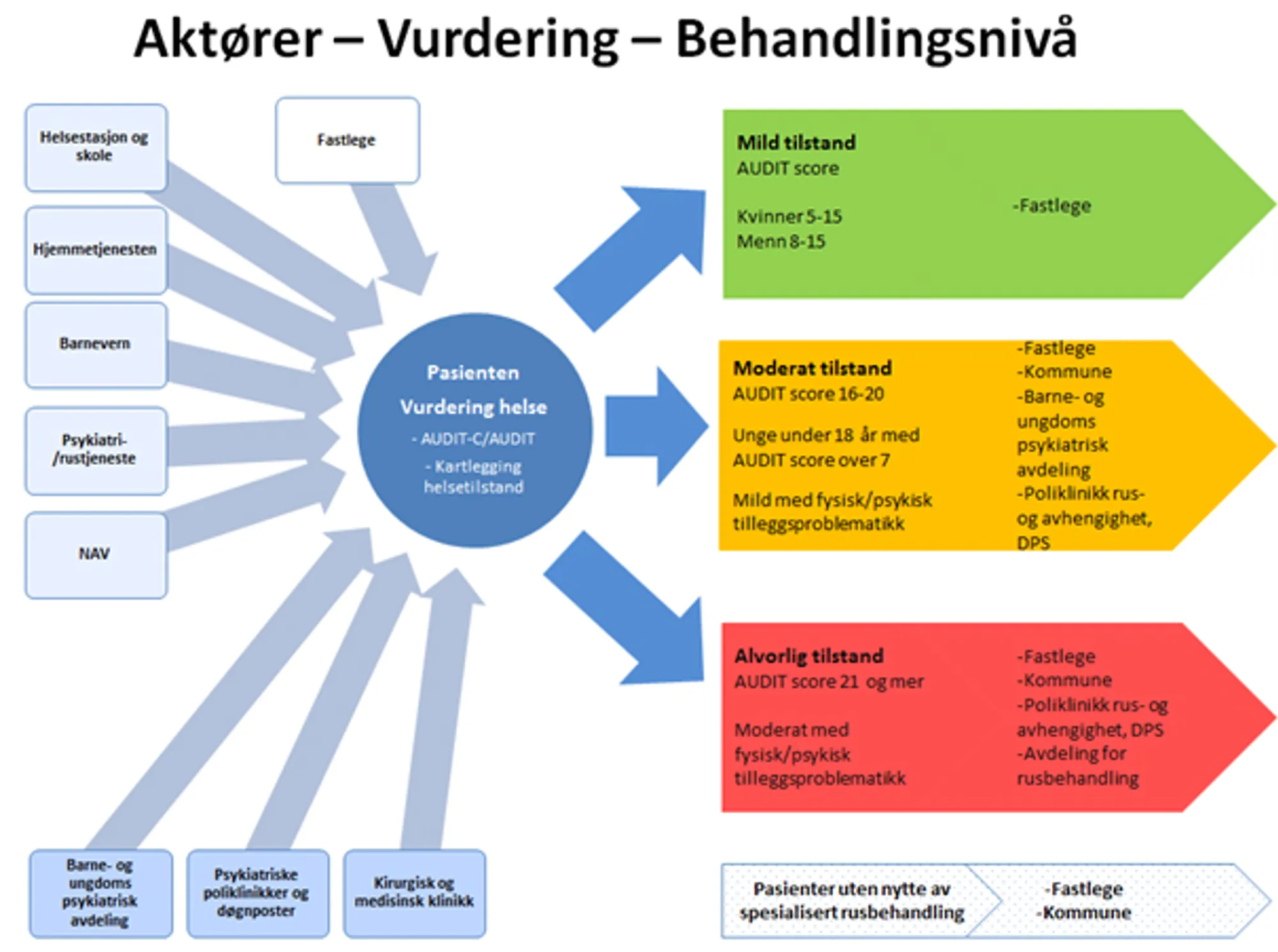 Grafisk oversikt over aktører -og hvordan man vurderer behandlingsforløp i pasientforløp for avhengighet av alkohol