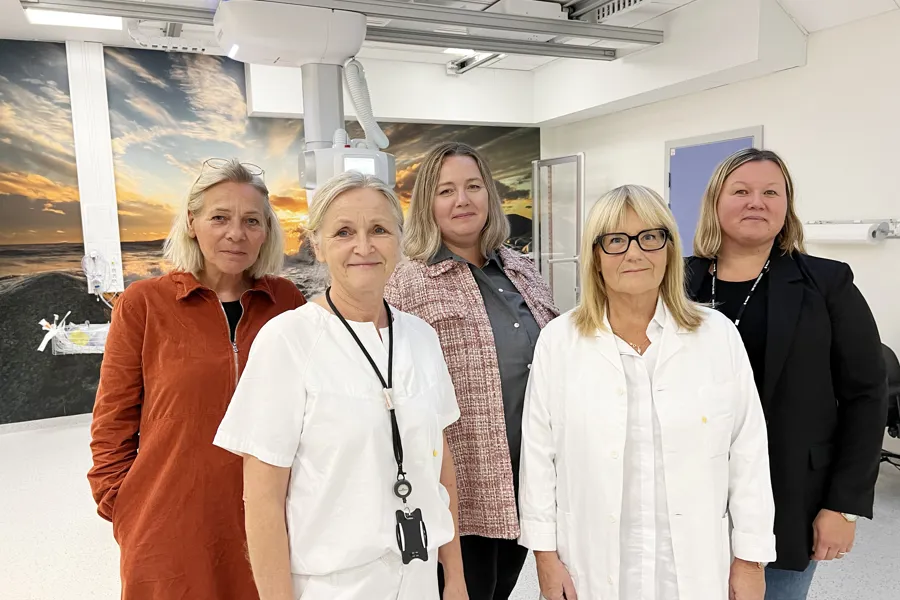 Fem kvinner står samlet_