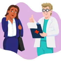 Pasient som uttrykker smerte, sammen med lege i hvit legefrakk