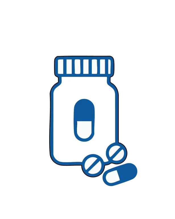 Illustrasjon av et medisinglass og flere tabletter som ligger ved siden av.