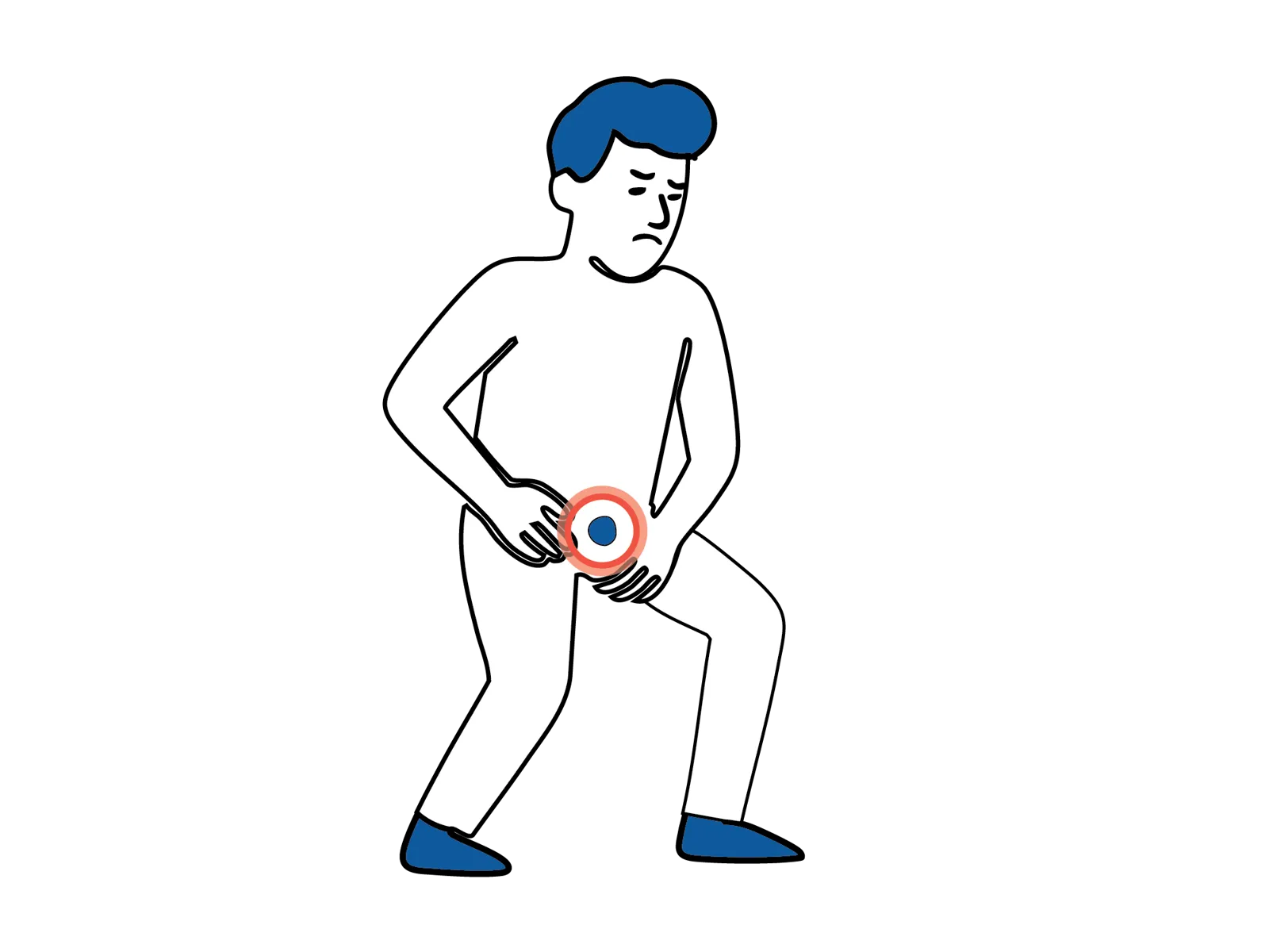 Medisinsk illustrasjon som viser at lyskebrokk gir smerter ved hosting, pressing eller tunge løft.