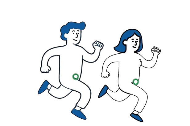 Medisinsk illustrasjon som viser at personer med lyskebrokk kan leve normalt og bevege seg uten smerter.