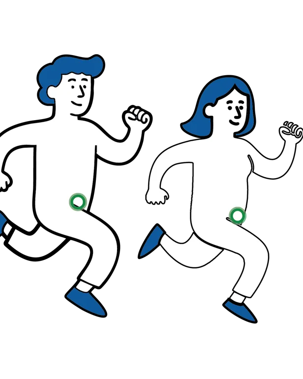 Medisinsk illustrasjon som viser at personer med lyskebrokk kan leve normalt og bevege seg uten smerter.