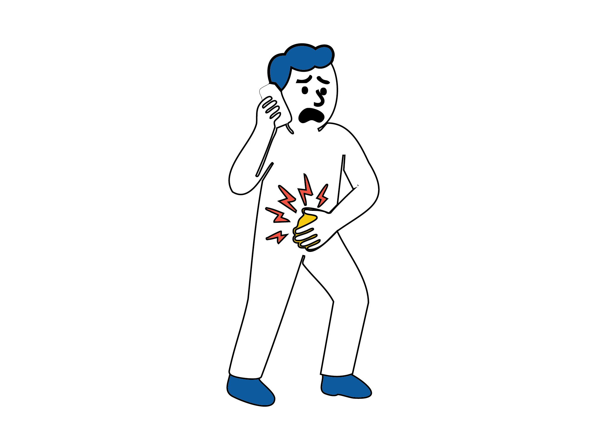 Medisinsk illustrasjon som viser et inneklemt lyskebrokk med sterke smerter i lysken.