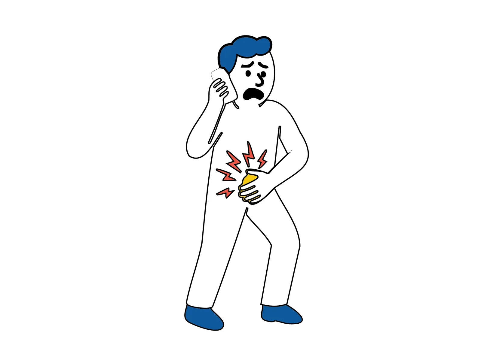 Medisinsk illustrasjon som viser et inneklemt lyskebrokk med sterke smerter i lysken.