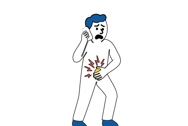 Medisinsk illustrasjon som viser et inneklemt lyskebrokk med sterke smerter i lysken.