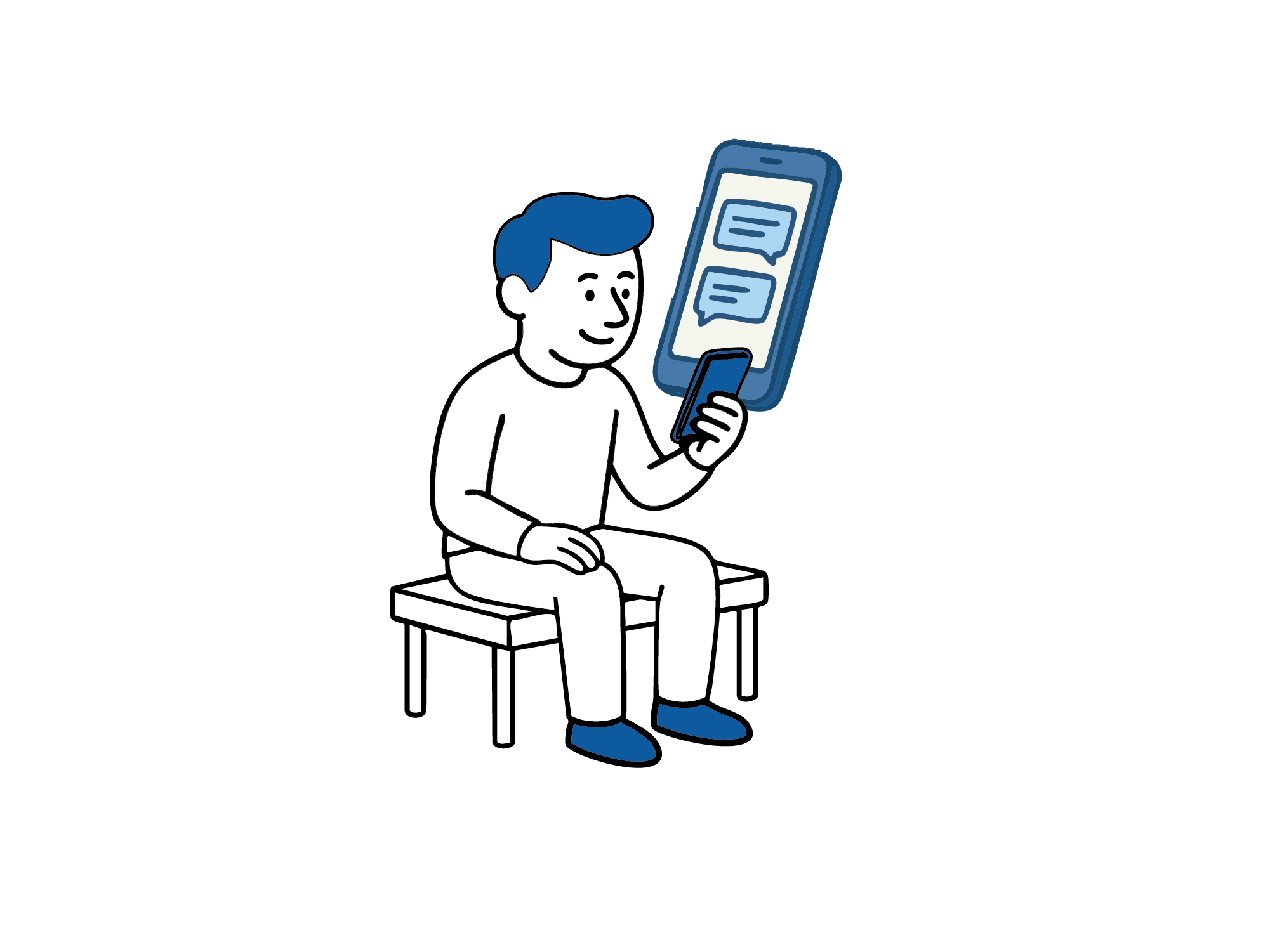 Illustrasjon av en person som sitter på en benk og bruker mobiltelefon, med et stort chat‑symbol som viser mulighet for digital kontakt.