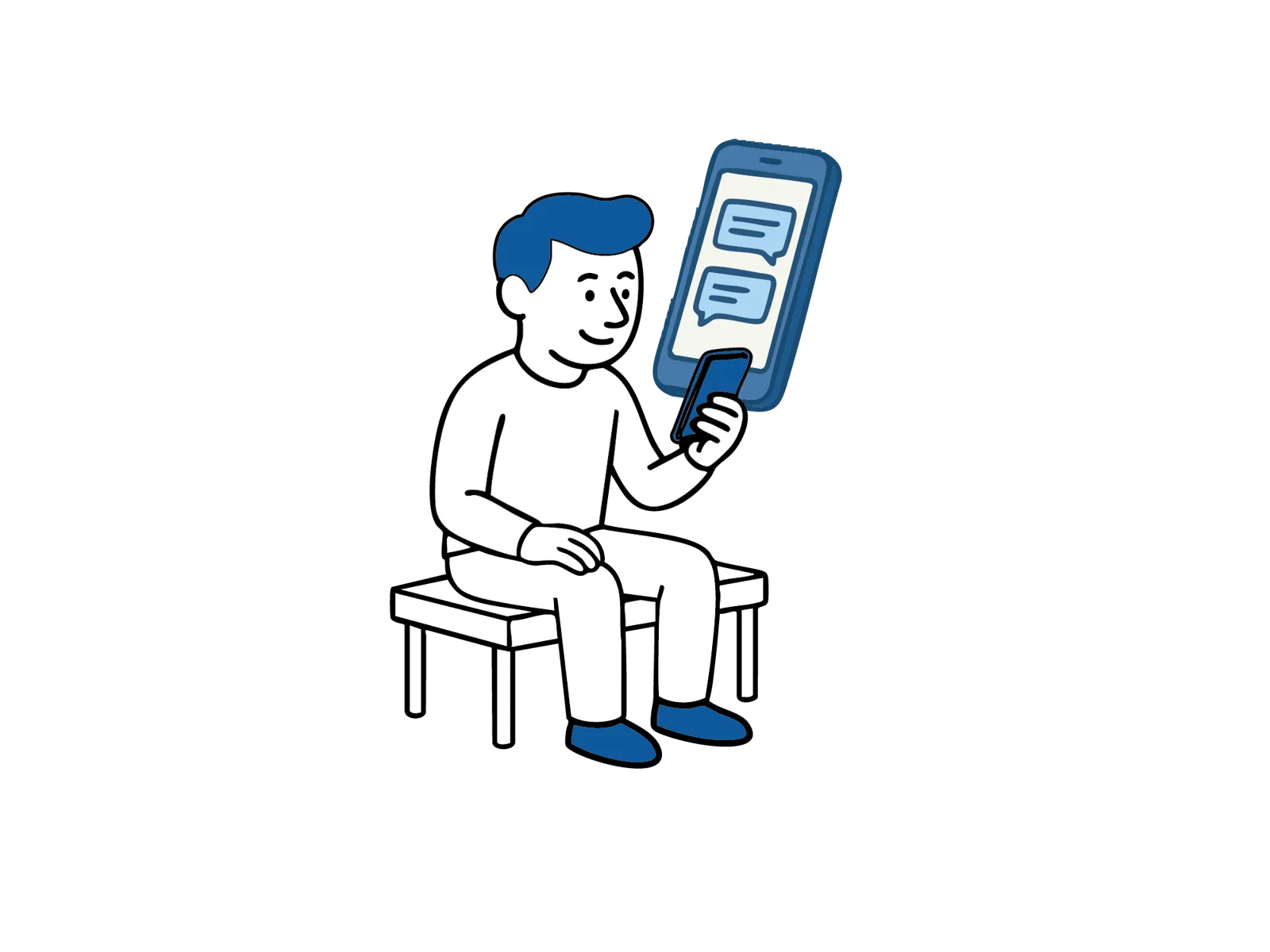 Illustrasjon av en person som sitter på en benk og bruker mobiltelefon, med et stort chat‑symbol som viser mulighet for digital kontakt.