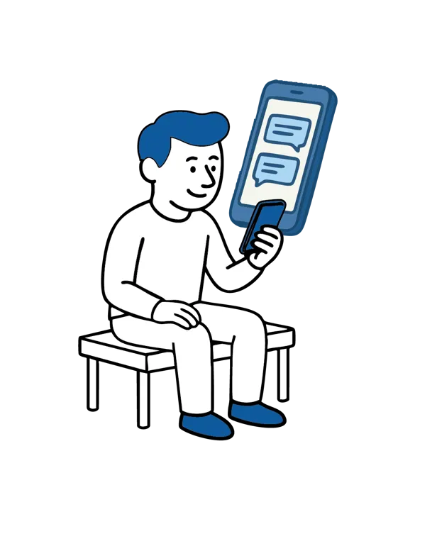 Illustrasjon av en person som sitter på en benk og bruker mobiltelefon, med et stort chat‑symbol som viser mulighet for digital kontakt.