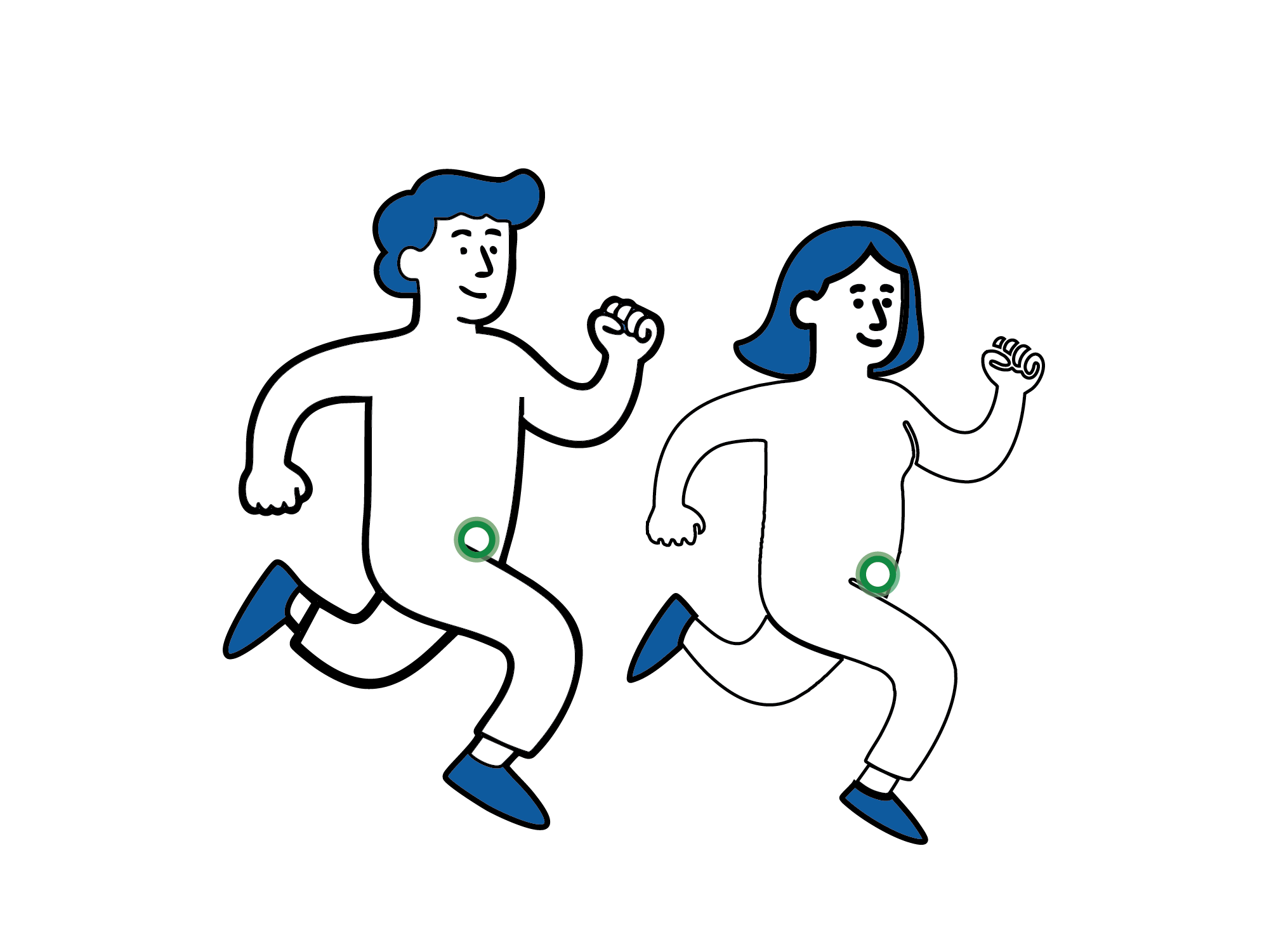 Illustrasjon av en mann og en kvinne som løper, med grønn markering i lysken som viser at fysisk aktivitet kan gjenopptas når det føles greit.