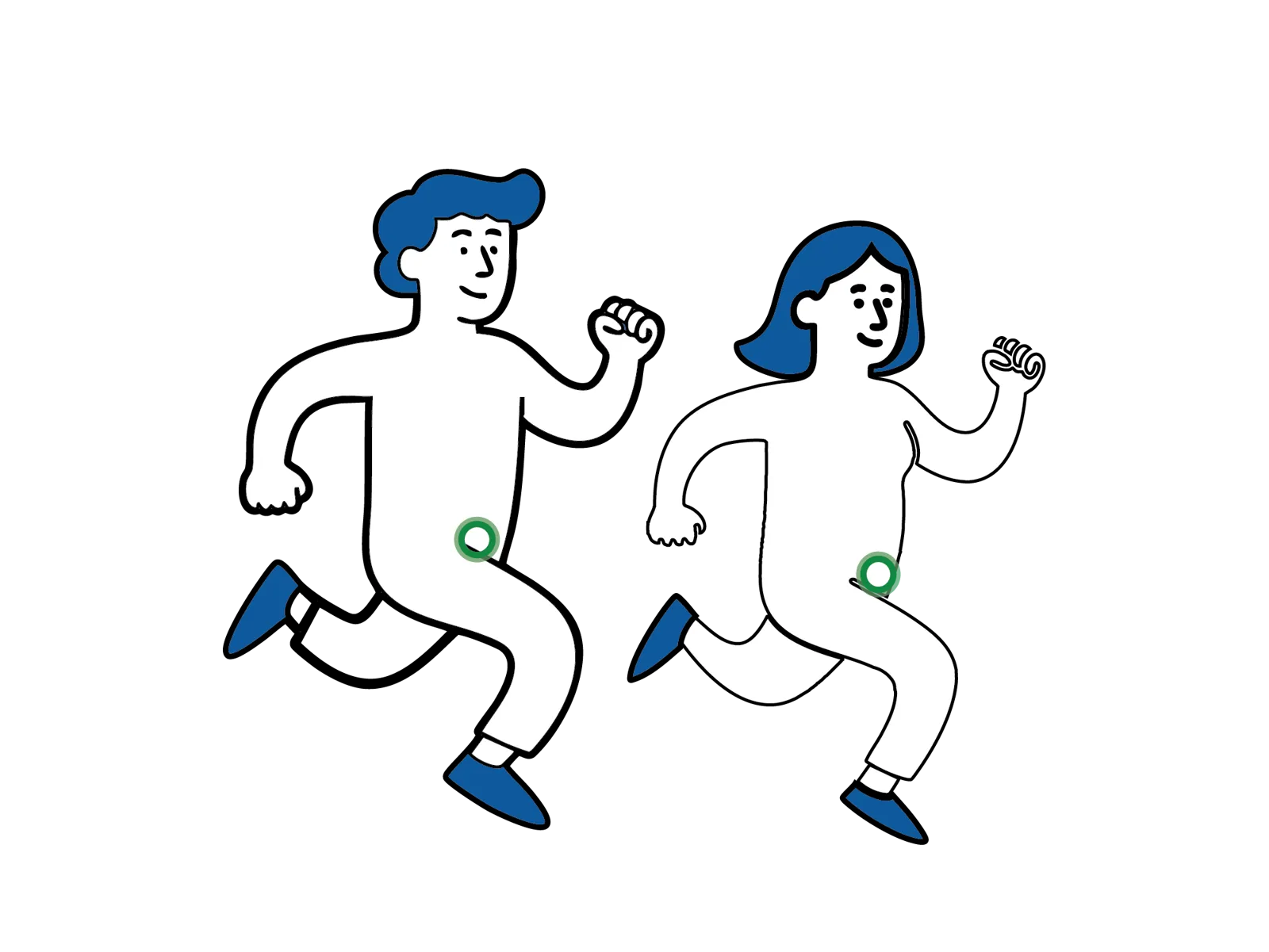 Illustrasjon av en mann og en kvinne som løper, med grønn markering i lysken som viser at fysisk aktivitet kan gjenopptas når det føles greit.