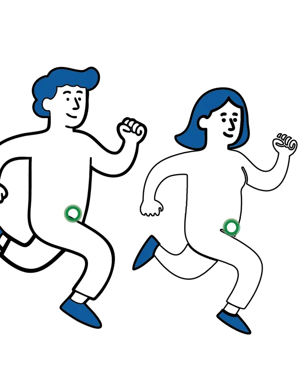 Illustrasjon av en mann og en kvinne som løper, med grønn markering i lysken som viser at fysisk aktivitet kan gjenopptas når det føles greit.
