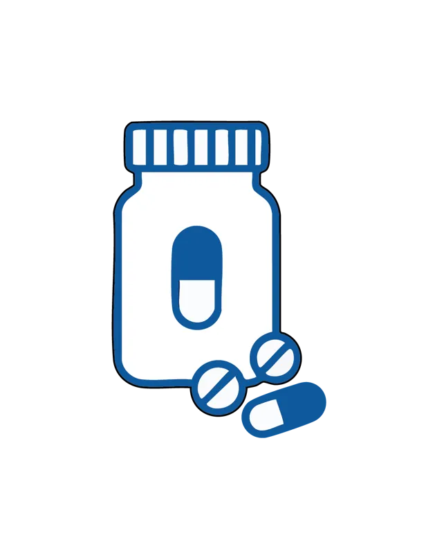 Illustrasjon av et medisinglass med tabletter ved siden av, som viser at man kan bruke smertestillende etter operasjon.