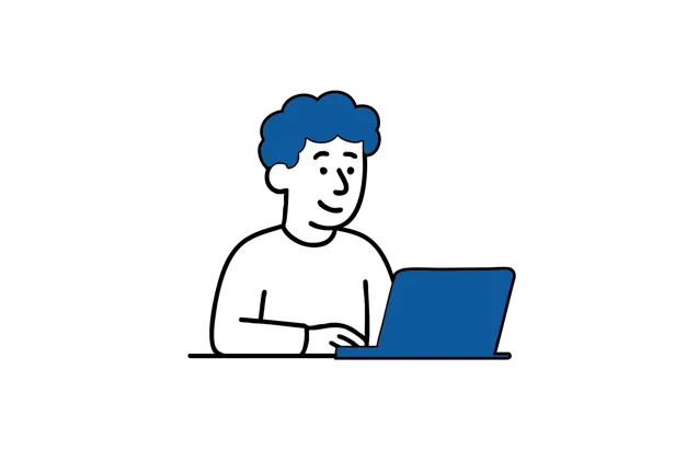 Illustrasjon av en person som sitter ved en laptop, som viser at lett arbeid ofte kan gjenopptas relativt tidlig etter operasjon.