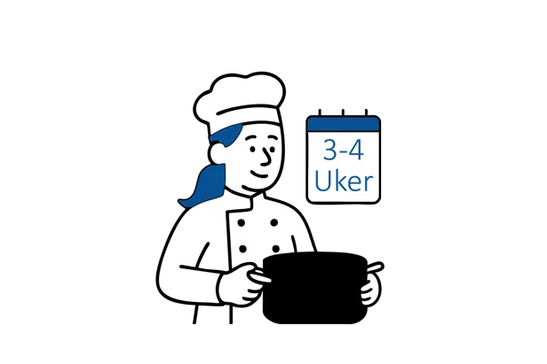 Illustrasjon av en person i kokkeklær som holder en tung gryte, med kalender som viser “3–4 uker”, som illustrerer behov for lengre sykemelding ved tungt arbeid.
