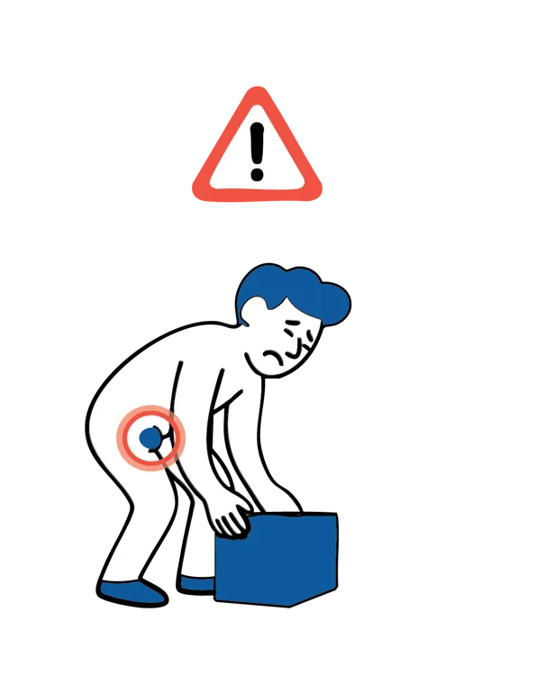 Illustrasjon av en person som løfter en tung eske med rød markering i lysken og et advarselstegn over, som viser at tunge løft skal unngås i starten.