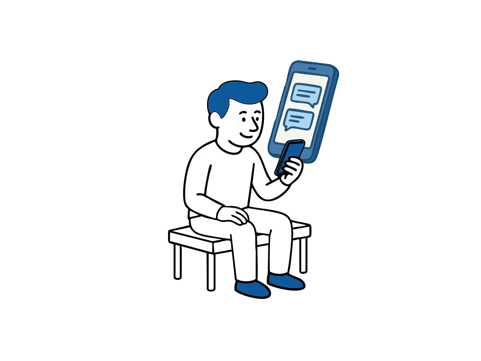 llustrasjon av en person som sitter på en benk og bruker mobiltelefon, med et stort symbol for chatmeldinger ved siden av.