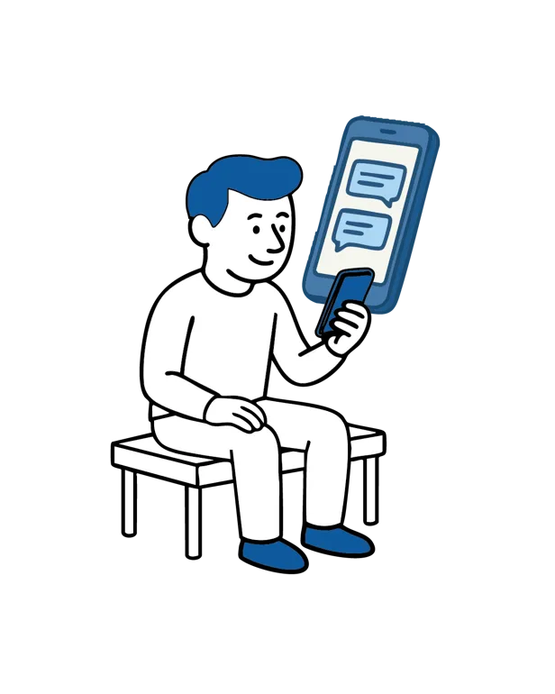 llustrasjon av en person som sitter på en benk og bruker mobiltelefon, med et stort symbol for chatmeldinger ved siden av.